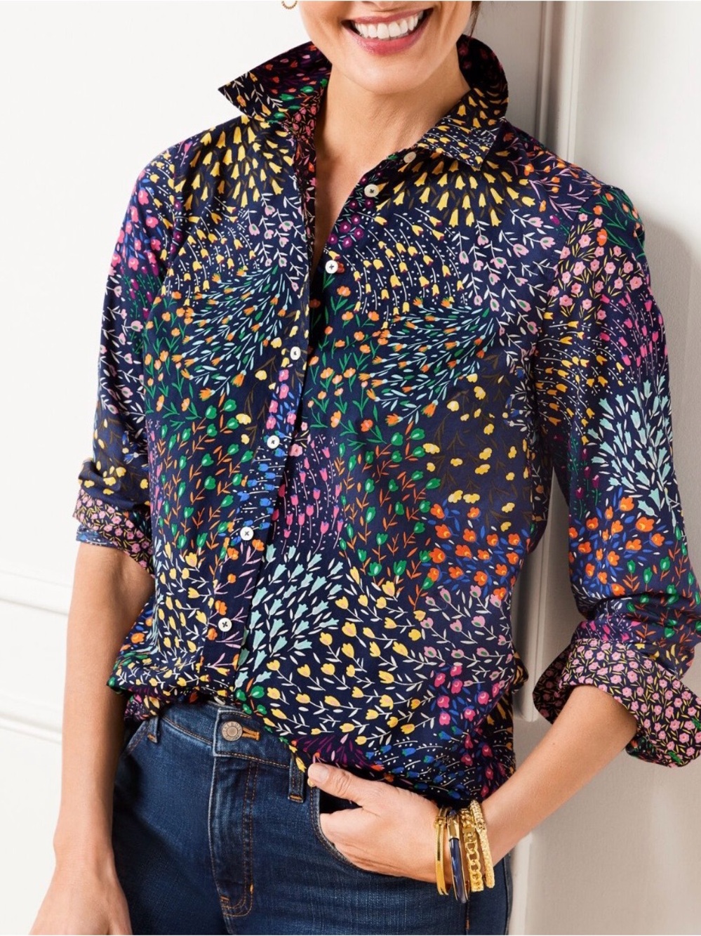 Talbots Petite Button Front Shirt P Floral Bunches Cotton Long Sleeve NWT $89.50